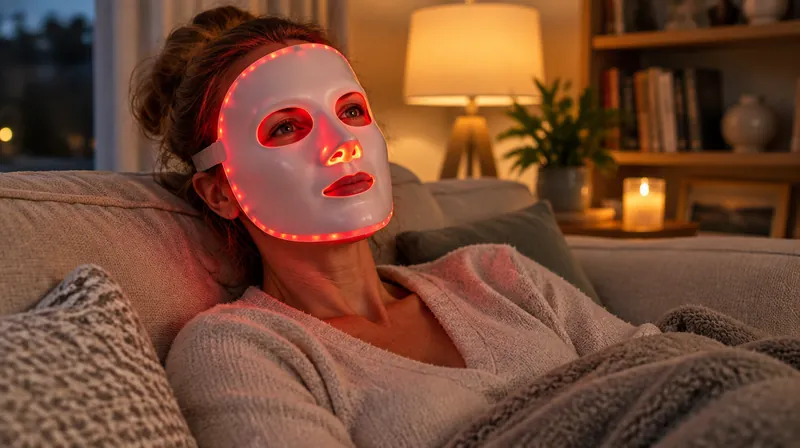 Lifestyle scene: a woman relaxing on a sofa in a cosy living room while wearing a glowing red LED face mask