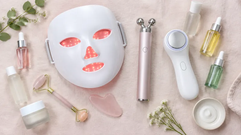 Lifestyle scene: flat lay of beauty devices including an LED mask, facial rollers and handheld tools with serums on a pink surface