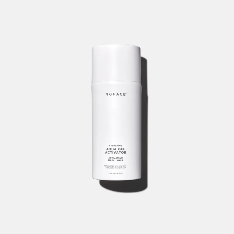 Bottle of NuFACE Aqua Gel Activator on a white background