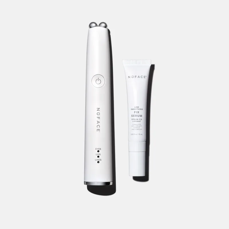 NuFACE FIX MicroWand and serum on a white background